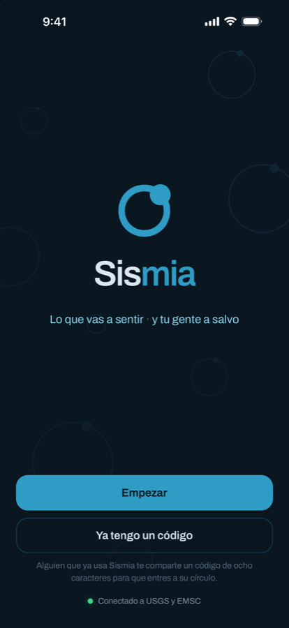 La pantalla de bienvenida de Sismia, con el logotipo y el botón para empezar