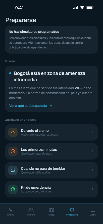 Pantalla Prepararse: la zona de amenaza del municipio y las guías de qué hacer